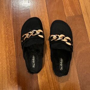 Black Furry Slippers with Gold Chain Detail